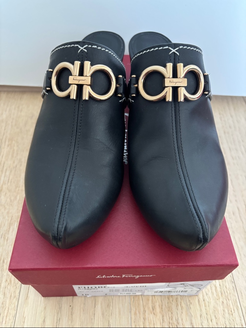 Salvatore Ferragamo Black Leather Slip-On Mules with Gold Gancini